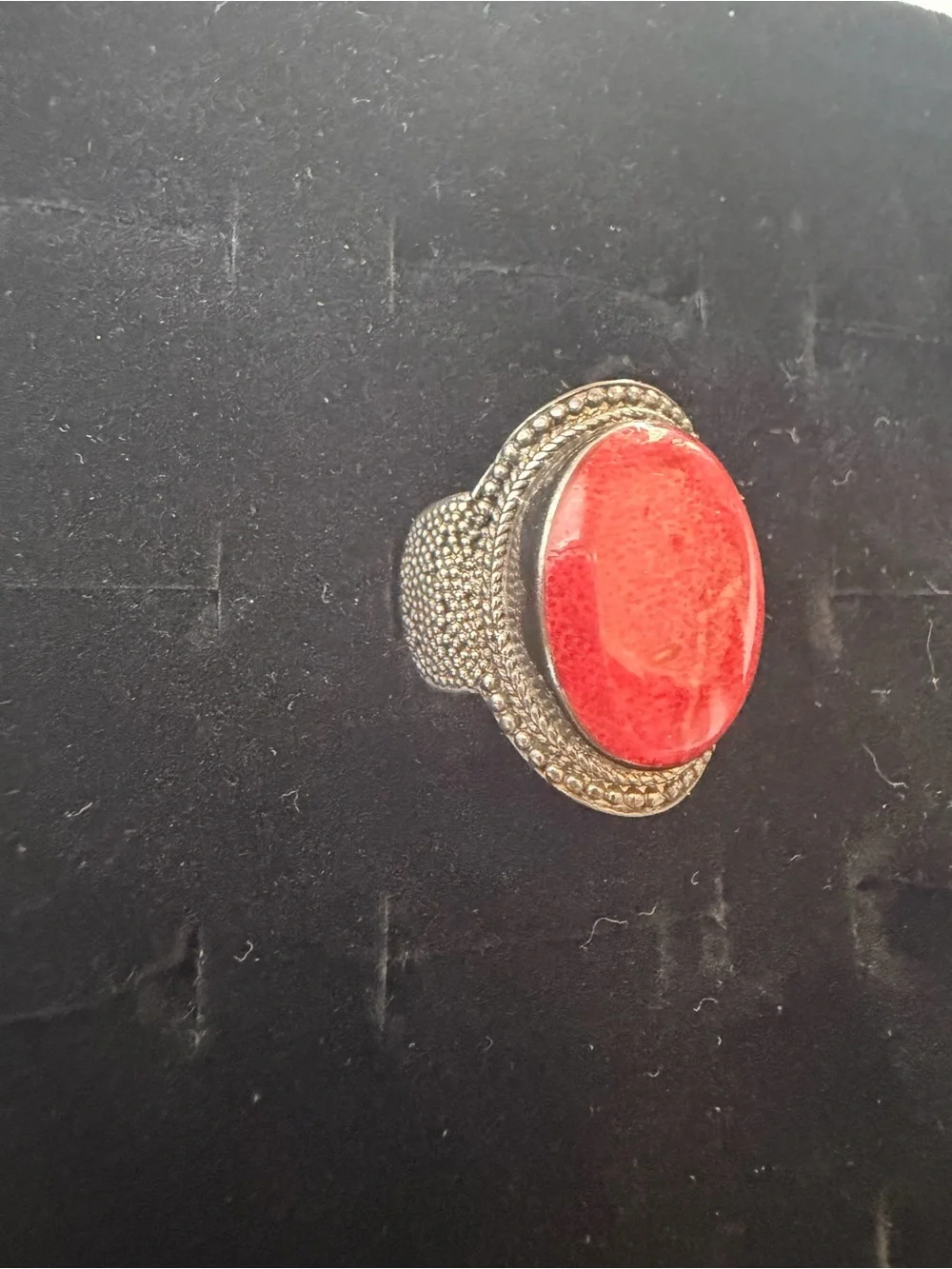 Sterling-Style Unisex Statement Ring with Red Stone and Green Inlay